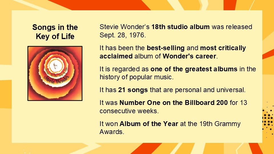 An informational graphic about Stevie Wonder's album 'Songs in the Key of Life', highlighting its release date, critical acclaim, significance in music history, number of songs, Billboard successes, and Grammy achievements.