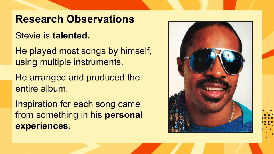 Image featuring a graphic design with flashy colors and bold text highlighting research observations about a talented musician, including notes on instrumental performance, album production, and personal inspiration.