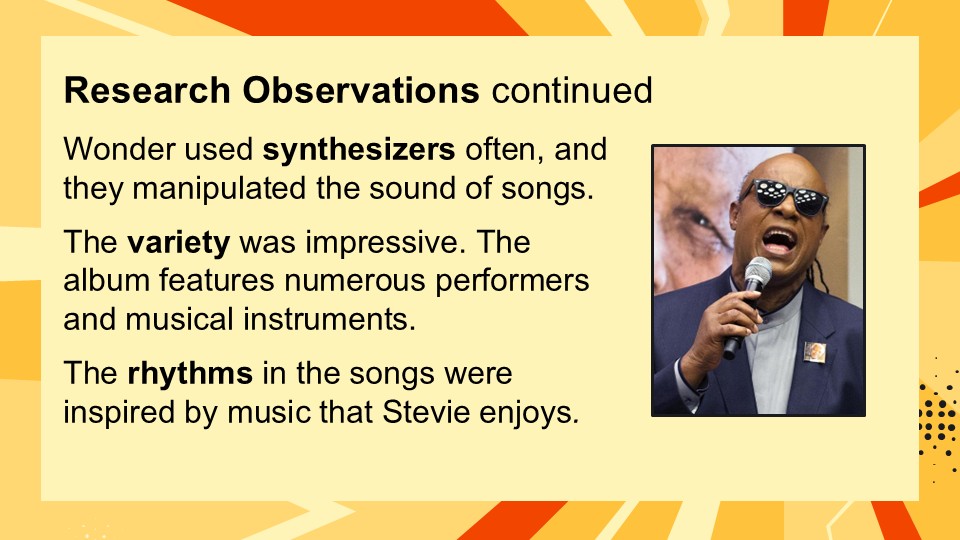 An infographic discussing research observations about Stevie Wonder's music, highlighting his use of synthesizers, the variety of performers and instruments, and rhythmic inspirations.