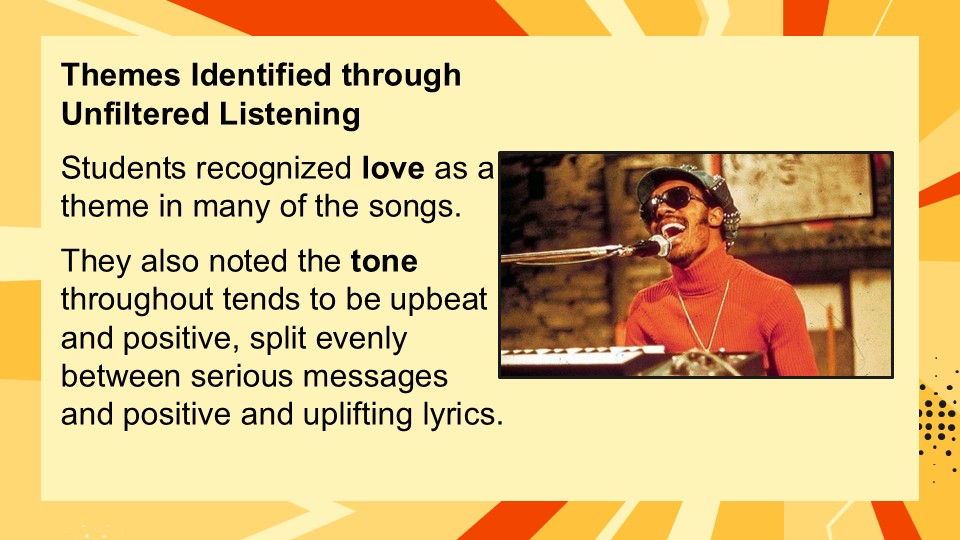An image of a singer performing with a microphone, wearing sunglasses and a red outfit, accompanied by text discussing themes of love and tone in songs.